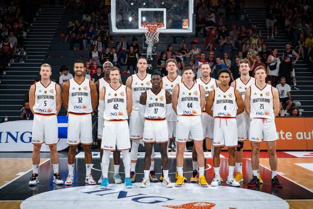 Basketball Hamburg 13 08 2023 DBB mens national team international test match Supercup Germany GER Canada CAN Team Germany back vlnr Nils Giffey Germany, No 05 Johannes Thiemann Germany, No 32 Isaac Bonga Germany, No 00 Johannes Voigtmann Germany, No 07 Moritz Wagner Germany, No 13 Daniel Theis Germany, No 10 Franz Wagner Germany, No 09 vlrne vlnr Andreas Obst Germany, No 42 Dennis Schröder Schroeder Germany, No 17 Schröder Schroder David Krämer Germany, No 44 Kraemer Kramer Maodo Lo Germany, No 04 Justus Hollatz Germany, No 21