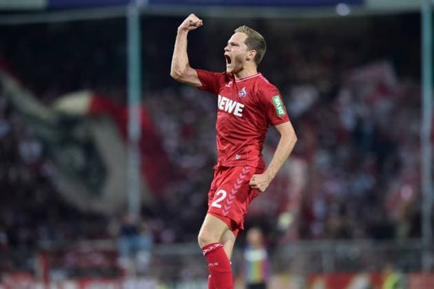DFB Pokal VfL Osnabrück 1 FC Köln on 14 08 2023 at the Bremer Brücke in Osnabrück jubilation, goal jubilation, goal scorer Benno Schmitz Koeln cheers after his goal for 0 1 MT