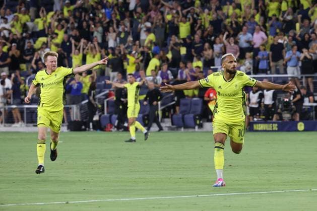 NASHVILLE, TN - AUGUST 15: Nashville SC midfielder Hany Mukhtar (10) and Nashville SC midfielder Dax McCarty (6) celebrate a first half goal before it would be overturned on review during a match between Nashville SC and Monterrey in the Leagues Cup semifinal, August 15, 2023 at GEODIS Park in Nashville, Tennessee. (Photo by Matthew Maxey Icon Sportswire) SOCCER: AUG 15 Leagues Cup - Nashville SC vs Monterrey EDITORIAL USE ONLY Icon23081501