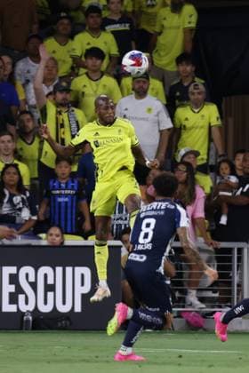 NASHVILLE, TN - AUGUST 15: Nashville SC midfielder Fafˆ Picault (7) goes up for a header during a match between Nashville SC and Monterrey in the Leagues Cup semifinal, August 15, 2023 at GEODIS Park in Nashville, Tennessee. (Photo by Matthew Maxey Icon Sportswire) SOCCER: AUG 15 Leagues Cup - Nashville SC vs Monterrey EDITORIAL USE ONLY Icon23081520