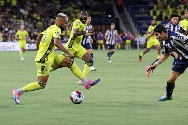 NASHVILLE, TN - AUGUST 15: Nashville SC midfielder Hany Mukhtar (10) makes a move in front of Monterrey midfielder Jordi Cortizo (19) during a match between Nashville SC and Monterrey in the Leagues Cup semifinal, August 15, 2023 at GEODIS Park in Nashville, Tennessee. (Photo by Matthew Maxey Icon Sportswire) SOCCER: AUG 15 Leagues Cup - Nashville SC vs Monterrey EDITORIAL USE ONLY Icon23081524