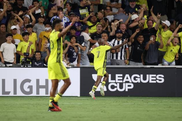 NASHVILLE, TN - AUGUST 15: Nashville SC midfielder FafÃ Picault (7) runs in front of the crowd after scoring an extra time goal during a match between Nashville SC and Monterrey in the Leagues Cup semifinal, August 15, 2023 at GEODIS Park in Nashville, Tennessee. (Photo by Matthew Maxey Icon Sportswire) SOCCER: AUG 15 Leagues Cup - Nashville SC vs Monterrey EDITORIAL USE ONLY Icon23081532