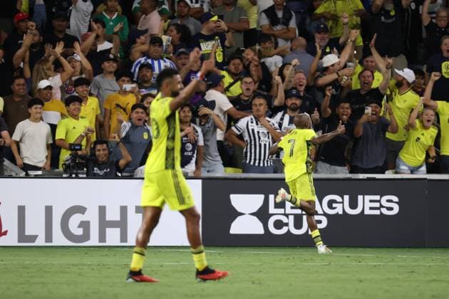 NASHVILLE, TN - AUGUST 15: Nashville SC midfielder FafÃ Picault (7) celebrates after scoring a goal during a match between Nashville SC and Monterrey in the Leagues Cup semifinal, August 15, 2023 at GEODIS Park in Nashville, Tennessee. (Photo by Matthew Maxey Icon Sportswire) SOCCER: AUG 15 Leagues Cup - Nashville SC vs Monterrey EDITORIAL USE ONLY Icon23081533