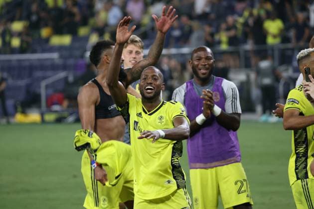 NASHVILLE, TN - AUGUST 15: Nashville SC midfielder FafÃ Picault (7) and teammates celebrate after securing a 2-0 win in a match between Nashville SC and Monterrey in the Leagues Cup semifinal, August 15, 2023 at GEODIS Park in Nashville, Tennessee. (Photo by Matthew Maxey Icon Sportswire) SOCCER: AUG 15 Leagues Cup - Nashville SC vs Monterrey EDITORIAL USE ONLY Icon23081534