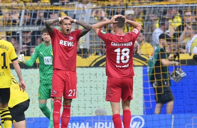 Davie Selke 1 FC Koeln , Rasmus Carstensen 1 FC Koeln , v li 19 08 2023, Football GER, Season 2023 2024, 1 Bundesliga, 1 Matchday, Borussia Dortmund 1 FC Köln Dortmund Signal Iduna Park Nordrhein Westfalen Germany Team2