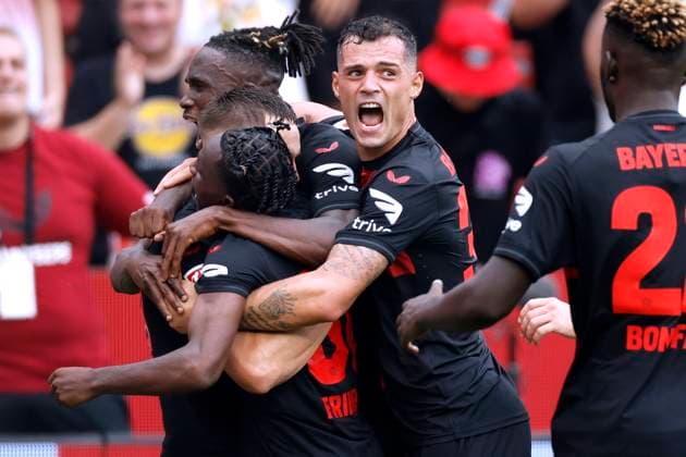WIRTZ Florian Team Bayer 04 Leverkusen cheers after his goal with XHAKA Granit DFL Fussball Bundesliga Saison 2023 2024 Spiel Bayer 04 Leverkusen RB Leipzig 3 2 am 19 08 2023 in Leverkusen DFL REGULATIONS PROHIBIT ANY USE OF PHOTOGRAPHS as IMAGE SEQUENCES and or QUASI VIDEO Copyright: xLacixPerenyix
