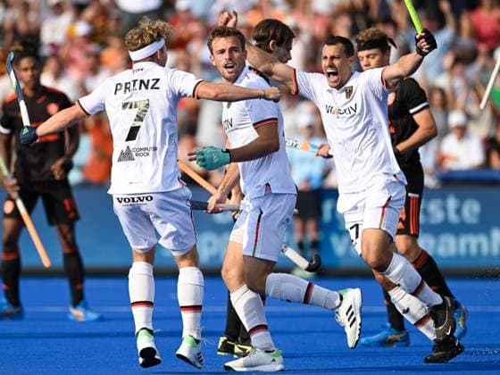 Thies Prinz Germany, 07 , Justus Weigand Germany, 19 and Timur Oruz Germany, 27 Germany vs Netherlands, Hockey Men, EuroHockey 2023, 16 European Championship, Pool B, 21 08 2023 Germany vs Netherlands , Hockey Men, EuroHockey 2023, 16 European Championship, Pool B, 21 08 2023 Moenchengladbach, Germany celebrate the 1 0 goal. Copyright: xEibner-Pressefoto ThomasxHaeslerx EP_THR