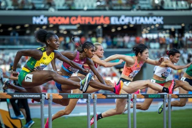 World Athletics Championships Budapest 23 Hungary, 22 08 2023 Ackera NUGENT of JAMAICA JAM , Masai RUSSELL of UNITED STATES USA , Mette GRAVERSGAARD of DENMARK DEN compete in the first round of the womens 100 m hurdles at the World Athletics Championships Budapest 23 in Budapest, on Tuesday, August 22, 2023 Copyright: xBEAUTIFULxSPORTS OlafxRellischx