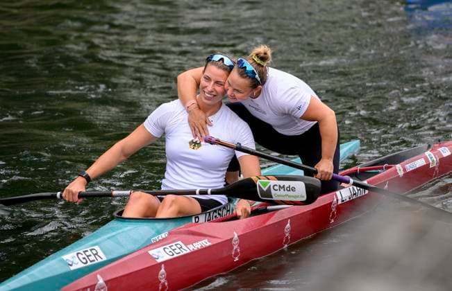 Lisa JAHN r GER congratulates Pauline JAGSCH l GER for the Final A entry, Semi Final K1 W 500, on 24 08 2023 Canoe Racing World Championships, from 23 08 27 08 2023 in Duisburg Germany Â