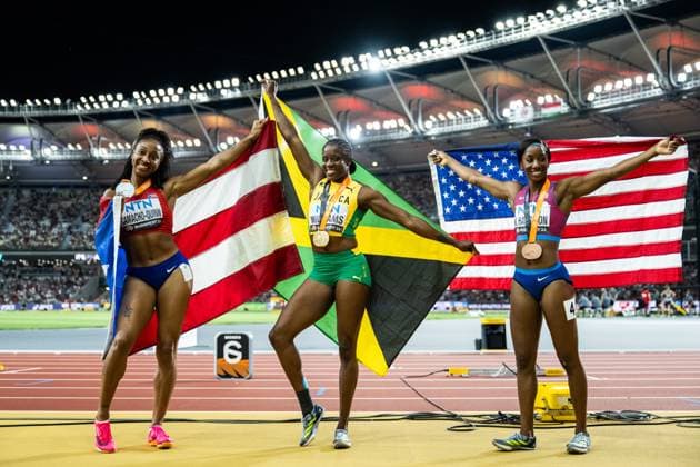 230824 Jasmine Camacho Quinn of Cuba, Danielle Williams of Jamaica and Kendra HArrison of USA celebrate after women?s 100 meter hurdles during day 6 of the 2023 World Athletics Championships on August 24, 2023 in Budapest Photo Joel Marklund BILDBYRAN kod JM JM0522 bbeng friidrott athletics friidrett 2023 world athletics championships world athletics championships budapest23 friidrotts vm friidretts vm vm jubel  Copyright: JOELxMARKLUND BB230824JM187