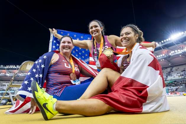 World Athletics Championships Budapest 23 Hungary, 24 08 2023 Budapest, Hungary August 24 Camryn ROGERS of CANADA CAN , Janee KASSANAVOID and DeAnna PRICE of the UNITED STATES USA after the hammer throw final on day 6 of the World Athletics Championships Budapest 23 at the National Athletics Centre in Budapest, Hungary on August 24, 2023 Copyright: xBEAUTIFULxSPORTS AxelxKohringx