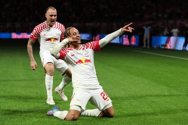 Goal celebration scorer Xavi Simons RB Leipzig,20 scores 5 1 1 Football Bundesliga season 2023 2024 point game RB Leipzig vs VfB Stuttgart at Red Bull Arena in Leipzig action,football,Germany,man,men,25 08 2023