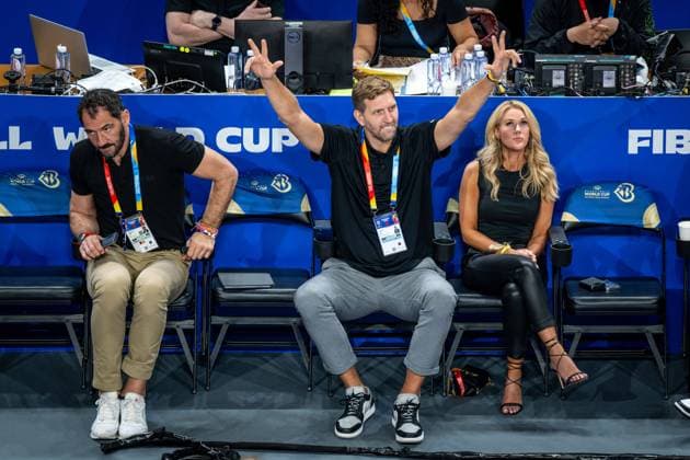 Basketball Okinawa 27 08 2023 FIBA Basketball World Cup 2023 World Cup Men Preliminary Round Australia AUS Germany GER Dirk Nowitzki mi cheering Jorge Garbajosa li Lara Beth re manager