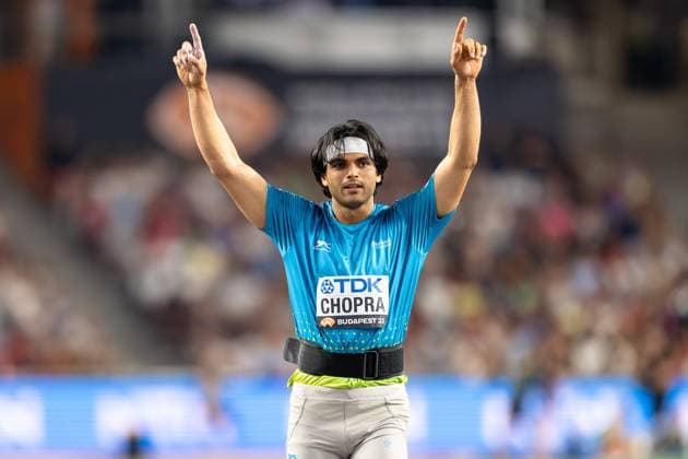 World Athletics Championships Budapest 23 Hungary, 27 08 2023 Neeraj CHOPRA of INDIA IND wins the gold medal in the mens javelin throw at the World Athletics Championships Budapest 23 in Budapest, National Athletics Centre, on Sunday, 27 August 2023 Copyright: xBEAUTIFULxSPORTS TobiasxLacknerx