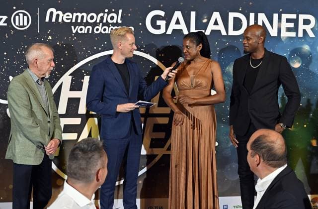 Wilfried Meert, organizer of the Memorial Van Damme meeting, former sprinter Marie-Jose Perec and former sprinter Asafa Powell pictured during a gala dinner before the Memorial Van Damme athletics event in Brussels, Wednesday 06 September 2023. The 47th edition of the Allianz Memorial Van Damme Diamond League meeting takes place on 8 September 2O23. ERICxLALMAND  x73482546x