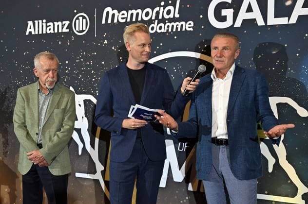 Wilfried Meert, organizer of the Memorial Van Damme meeting and Ukrainian former athlete Sergey Bubka pictured during a gala dinner before the Memorial Van Damme athletics event in Brussels, Wednesday 06 September 2023. The 47th edition of the Allianz Memorial Van Damme Diamond League meeting takes place on 8 September 2O23. ERICxLALMAND  x73489601x