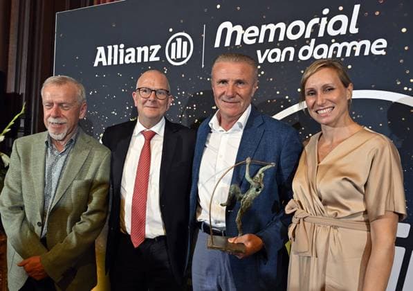 Wilfried Meert, organizer of the Memorial Van Damme meeting, Golazo CEO Bob Verbeeck, Ukrainian former athlete Sergey Bubka and Former Belgian Athlete Kim Gevaert pictured during a gala dinner before the Memorial Van Damme athletics event in Brussels, Wednesday 06 September 2023. The 47th edition of the Allianz Memorial Van Damme Diamond League meeting takes place on 8 September 2O23. ERICxLALMAND  x73489647x