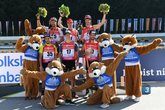 Biathlon, Summer Biathlon Award Ceremony with NAWRATH Philipp SK Nesselwang LpB BSV A , DOLL Benedikt SZ Breitnau BwO SBW and DONHAUSER Johannes SC Ruhpolding LpB BSV C before FINELLO Jeremy SUI , STRELOW Justus SG Stahl Schmiedeberg BwO SVSAC and DORFER Matthias SV Marzoll BwB BSV C at the German Championship Biathlon Ruhpolding Sprint 10 km men on 09 09 2023, Germany, Upper Bavaria Ruhpolding Chiemgau Arena Upper Bavaria Germany