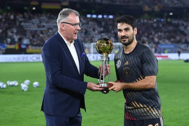 Soccer international match Germany Japan on 09 09 2023 at Volkswagen Arena in Wolfsburg Ilkay Gündogan Germany was awarded footballer of the year by kicker DFB regulations prohibit any use of photographs as image sequences and or quasi video xRx