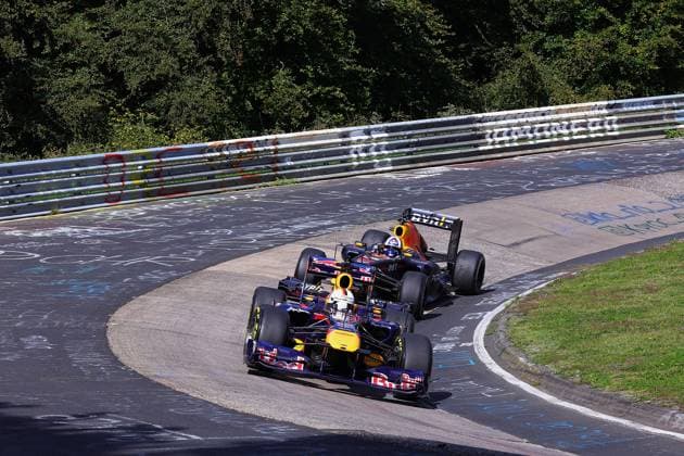 09 09 2023, Nürburgring, Nürburg, Red Bull Show Event Nürburgring 2023 , in the picture Sebastian Vettel and Davis Coulthard in the Red Bull Formula 1 car on the Nordschleife Nürburg Nürburgring Rheinland Pfalz Germany  eu-images-506