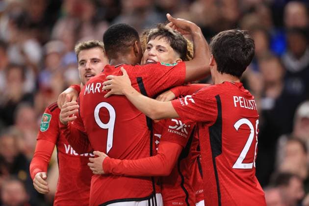 Fußball Carabao Cup 3. Runde Manchester United v Crystal Palace 26. September 2023 Carabao Cup 3. Runde Manchester United v Crystal Palace Alejandro Garnacho von Manchester United C jubelt nach seinem 1. Tor Foto Simon Stacpoole Abseits Manchester UK  Copyright: xSimonxStacpoolexOffside