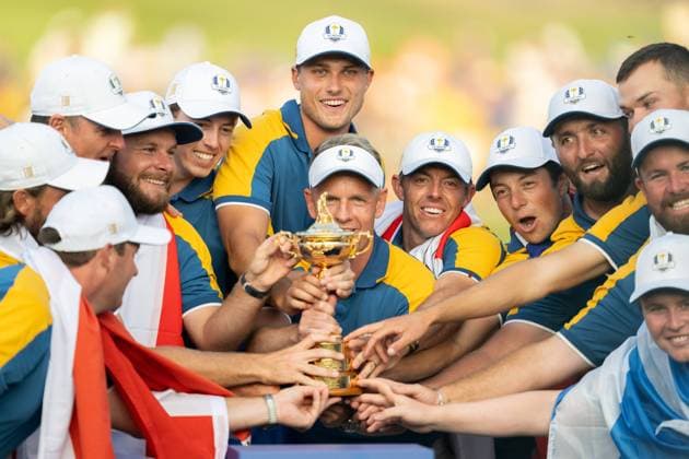 231001 Ludvig Aberg celebrates with Team Europe during day three of the Ryder Cup on October 1, 2023 in Rome Photo Mathias Bergeld BILDBYRAN kod MB MB0738 golf ryder cup day 3 bbeng celebration jubel  Copyright: MATHIASxBERGELD BB231001MB038