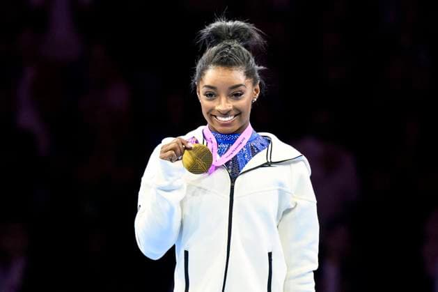Gymnastics World Championships 2023 Gymnastics World Championships 2023, women, all-around, final, Sportpaleis Simone Biles from the USA at the award ceremony with medal Antwerp Sportpaleis Belgium
