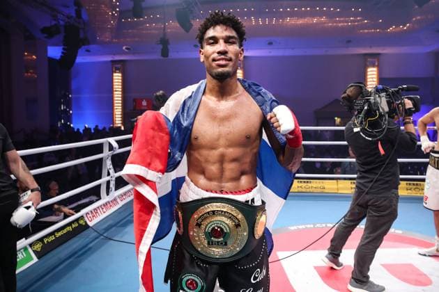 World Champion Osleys Iglesias CUB wins by knockout against Artur Reis in the fourth round IBO World Super Middleweight Championship Artur Reis GER vs Osleys Iglesias CUB SES Boxing evening at the Maritim Hotel in Magdeburg Action,Boxing,Man,Men,Germany,07 10 2023