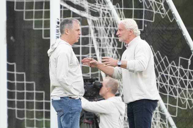 Sporting Director Rudi Völler Germany Germany discusses with Managing Director Sport Andreas Rettig Foxborough 12 10 2023 German National Team Training, New England Revolution, German National Team Training Grounds at Gillette Stadium.