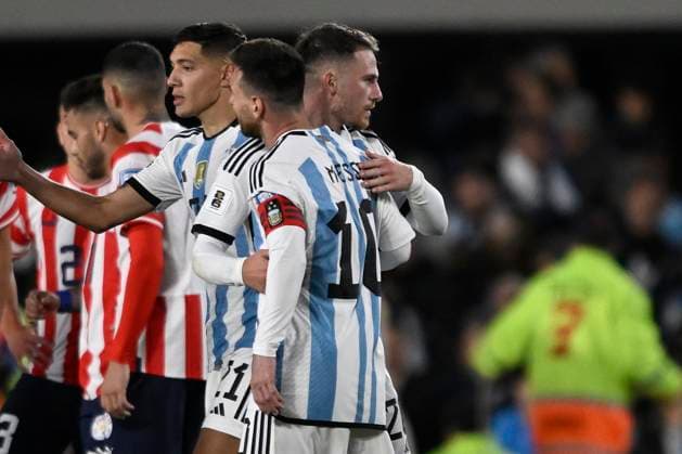 BUENOS AIRES, ARGENTINA - OCTOBER 12: Lionel Messi and Alexis Mac Allister of Argentina celebrate during the FIFA World Cup, WM, Weltmeisterschaft, Fussball 2026 Qualifier match between Argentina and Paraguay at Estadio Mas Monumental Antonio Vespucio Liberti on October 12, 2023 in Buenos Aires, Arg Argentina v Paraguay : FIFA World Cup 2026 Qualifier match Copyright: xDiegoxHalisz SFSIx