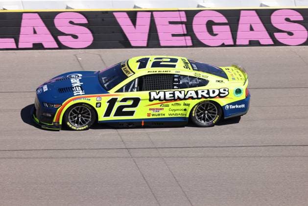LAS VEGAS, NV - OCTOBER 14: Ryan Blaney ( 12 Team Penske Menards Tarkett Ford) during qualifying for the NASCAR, Motorsport, USA Cup Series Playoff South Point 400 Saturday Oct. 14, 2023 at Las Vegas Motor Speedway in Las Vegas, NV. (Photo by Marc Sanchez LVMS Icon Sportswire) AUTO: OCT 14 NASCAR Cup Series Playoff South Point 400 EDITORIAL USE ONLY Icon144231014109