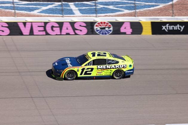LAS VEGAS, NV - OCTOBER 14: Ryan Blaney ( 12 Team Penske Menards Tarkett Ford) during qualifying for the NASCAR, Motorsport, USA Cup Series Playoff South Point 400 Saturday Oct. 14, 2023 at Las Vegas Motor Speedway in Las Vegas, NV. (Photo by Marc Sanchez LVMS Icon Sportswire) AUTO: OCT 14 NASCAR Cup Series Playoff South Point 400 EDITORIAL USE ONLY Icon144231014110
