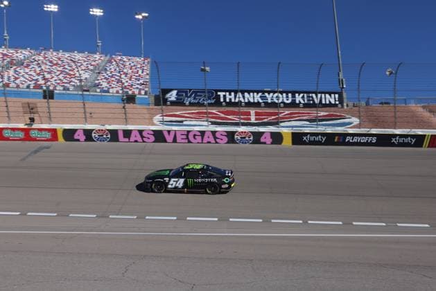 LAS VEGAS, NV - OCTOBER 14: Ty Gibbs ( 54 Joe Gibbs Racing Monster Energy Toyota) during qualifying for the NASCAR, Motorsport, USA Cup Series Playoff South Point 400 Saturday Oct. 14, 2023 at Las Vegas Motor Speedway in Las Vegas, NV. (Photo by Marc Sanchez LVMS Icon Sportswire) AUTO: OCT 14 NASCAR Cup Series Playoff South Point 400 EDITORIAL USE ONLY Icon144231014039