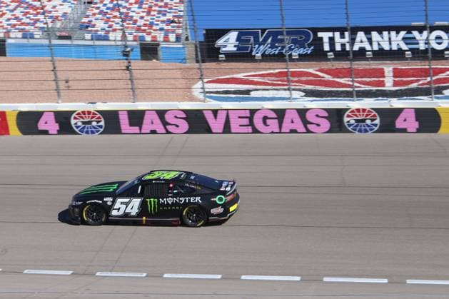 LAS VEGAS, NV - OCTOBER 14: Ty Gibbs ( 54 Joe Gibbs Racing Monster Energy Toyota) during qualifying for the NASCAR, Motorsport, USA Cup Series Playoff South Point 400 Saturday Oct. 14, 2023 at Las Vegas Motor Speedway in Las Vegas, NV. (Photo by Marc Sanchez LVMS Icon Sportswire) AUTO: OCT 14 NASCAR Cup Series Playoff South Point 400 EDITORIAL USE ONLY Icon144231014051