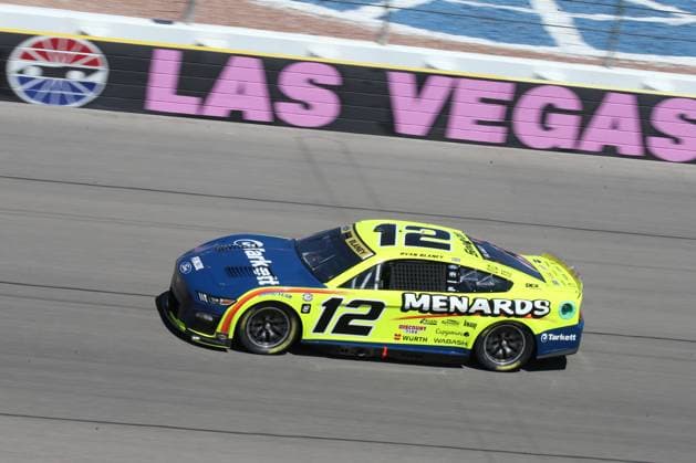 LAS VEGAS, NV - OCTOBER 15: Ryan Blaney ( 12 Team Penske Menards Tarkett Ford) during the South Point 400 NASCAR, Motorsport, USA Cup Series Playoff race on October 15, 2023, Las Vegas Motor Speedway in Las Vegas, NV. (Photo by Matthew Bolt LVMS Icon Sportswire) AUTO: OCT 15 NASCAR Cup Series Playoff South Point 400 EDITORIAL USE ONLY Icon231015076