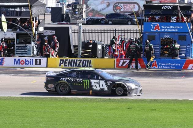 LAS VEGAS, NV - OCTOBER 15: Ty Gibbs ( 54 Joe Gibbs Racing Monster Energy Toyota) drives into the pits after losing a front tire during the NASCAR, Motorsport, USA Cup Series Playoff South Point 400 race Sunday, Oct. 15, 2023, at the Las Vegas Motor Speedway in Las Vegas, Nevada. (Marc Sanchez Icon Sportswire) AUTO: OCT 15 NASCAR Cup Series Playoff South Point 400 EDITORIAL USE ONLY Icon1442310153923
