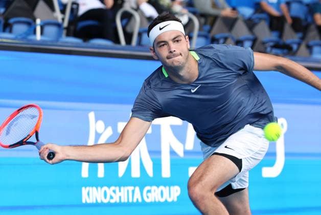 October 17, 2023, Tokyo, Japan - Taylor Fritz of the United States returns the ball against British Cameron Norrie during the first round match of the Japan Open tennis championships at the Ariake Colosseum in Tokyo on Tuesday, October 17, 2023. (photo by Yoshio Tsunoda AFLO) Noxthirdxpartyxsales (0308899139st)