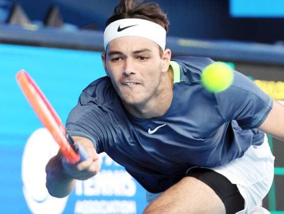 October 17, 2023, Tokyo, Japan - Taylor Fritz of the United States returns the ball against British Cameron Norrie during the first round match of the Japan Open tennis championships at the Ariake Colosseum in Tokyo on Tuesday, October 17, 2023. (photo by Yoshio Tsunoda AFLO) Noxthirdxpartyxsales (0308899165st)