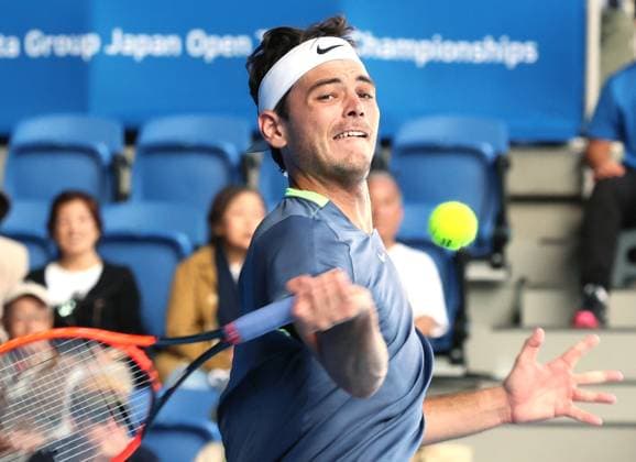 October 17, 2023, Tokyo, Japan - Taylor Fritz of the United States returns the ball against British Cameron Norrie during the first round match of the Japan Open tennis championships at the Ariake Colosseum in Tokyo on Tuesday, October 17, 2023. (photo by Yoshio Tsunoda AFLO) Noxthirdxpartyxsales (0308899174st)