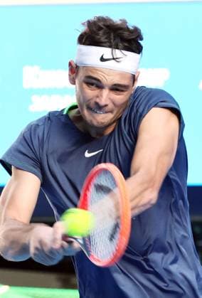 October 17, 2023, Tokyo, Japan - Taylor Fritz of the United States returns the ball against British Cameron Norrie during the first round match of the Japan Open tennis championships at the Ariake Colosseum in Tokyo on Tuesday, October 17, 2023. (photo by Yoshio Tsunoda AFLO) Noxthirdxpartyxsales (0308899228st)