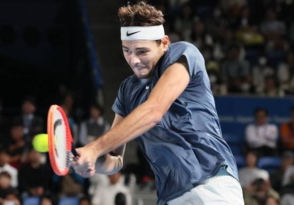 October 19, 2023, Tokyo, Japan - Taylor Fritz of the United States returns the ball against Japan s Shintaro Mochizuki during the second round match of the Japan Open tennis championships at the Ariake Colosseum in Tokyo on Thursday, October 19, 2023. ( AFLO) Tokyo Japan - ZUMA 0309260673st Copyright: xYoshioxTsunodax