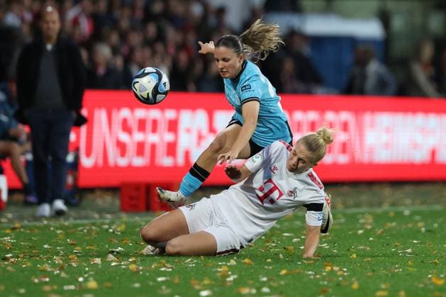 Google Pixel Womens Bundesliga 2023 2024, 1 FC Cologne Bayer 04 Leverkusen Celina Degen FC, 5 , Estrella Merino Gonzalez B04, 20 in duel Cologne Franz Kremer Stadium North Rhine Westphalia Germany.