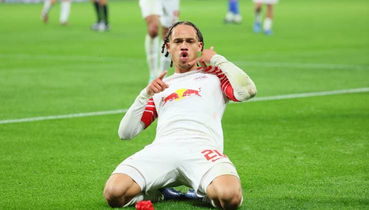 RB Leipzig Red Star Belgrade Champions League Leipzig, 25 10 2023, Red Bull Arena, Football , UEFA Champions League, Group G , Matchday 3, RB Leipzig vs Red Star Belgrade , In picture Goal for RB Leipzig Xavi Simons 20, RB Leipzig scores 2 0 and cheers , Photo intended for editorial use only , UEFA regulations prohibit any use of photographs as image sequences and or quasi video ,