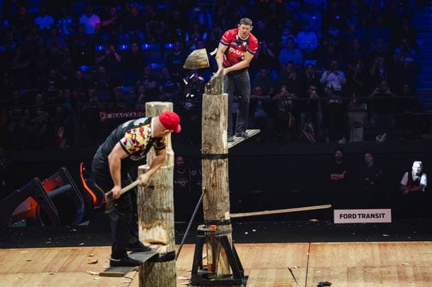 Jason Lentz of the United States performs during the STIHL TIMBERSPORTS Individual World Championship 2023 in Stuttgart, Germany on November 4, 2023