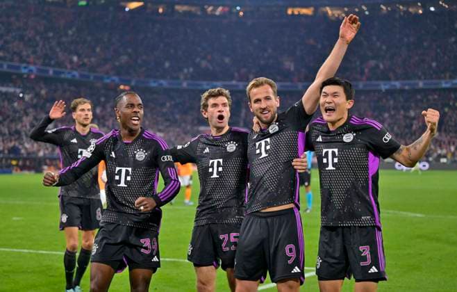 08 11 2023, Football UEFA Championsleague 2023 2024 4 Matchday Preliminary Round, FC Bayern Munich Galatasaray Istanbul SK, in the Allianz Arena Munich Goal celebration f l Leon Goretzka FC Bayern Munich , Mathys Tel Bayern Munich , Thomas Müller FC Bayern Munich , Harry Kane FC Bayern Munich and Min jae Kim FC Bayern Munich, Minjae Kim, Kim Min jae DFL and DFB regulations prohibit any use of photographs as image sequences and or quasi video