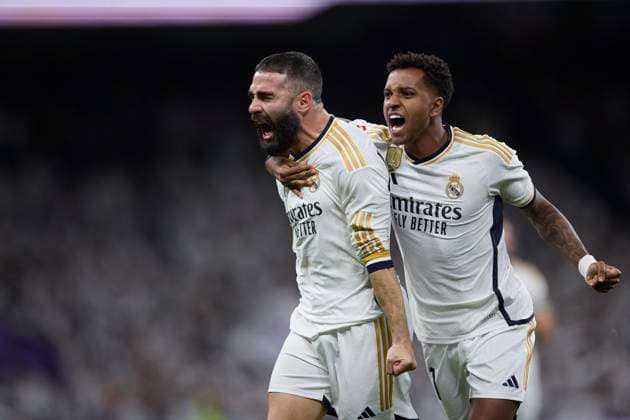 Spain, Madrid, 11 11 2023, Santiago Bernabeu Stadium, Real Madrid v Valencia CF La Liga EA Sports match round 13, Dani Carvajal Real Madrid CF celebrates after scoring his team˜s first goal Madrid Santiago Bernabeu Stadium Spain  eu-images-071