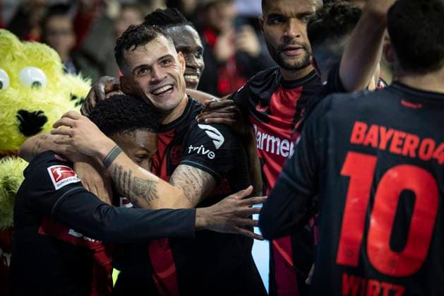 Bayer 04 Leverkusen 1 FC Union Berlin, 12 11 2023 19 shoots the 4 0, Granit Xhaka Bayer 04 Leverkusen, Nr 34 is happy with during the match Bayer 04 Leverkusen 1 FC Union Berlin on matchday 11 of the 1 Soccer Bundesliga at the BayArena in Leverkusen on November 12, 2023 in Leverkusen DFL REGULATIONS PROHIBIT ANY USE OF PHOTOGRAPHS AS IMAGE SEQUENCES AND OR QUASI VIDEO Copyright: xBEAUTIFULxSPORTS AxelxKohringx