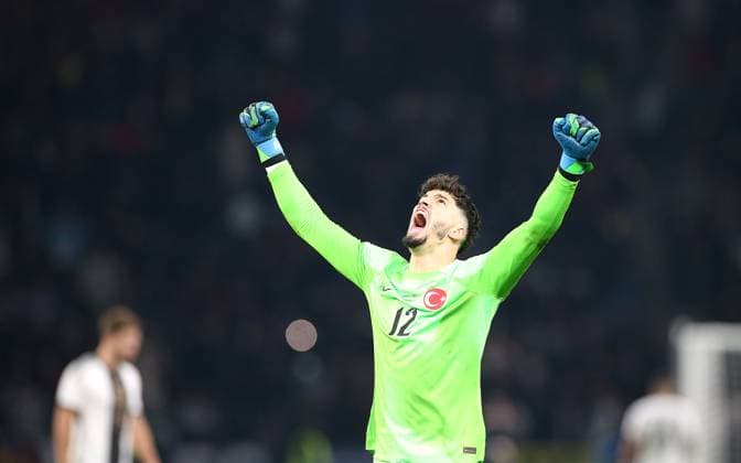 18 11 2023, Football, International match, Test match 2023 24, Germany Turkey, at Olympiastadion Berlin Goalkeeper Altay Bayindir Turkey cheers DFL and DFB regulations prohibit any use of photographs as image sequences and or quasi video