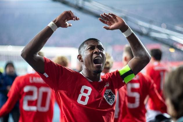 David Alaba Austria, 08 celebrates the goal for 2 0, AUT, Austria vs Germany, mens national football team, friendly match, 2023 2024 season, 21 11 2023 DFB regulations prohibit any use of photographs as image sequences and or quasi video AUT, Austria vs Germany, mens national football team, friendly match, 2023 2024 season, 21 11 2023 Vienna Copyright: xEibner-Pressefoto Memmlerx EP_MMR