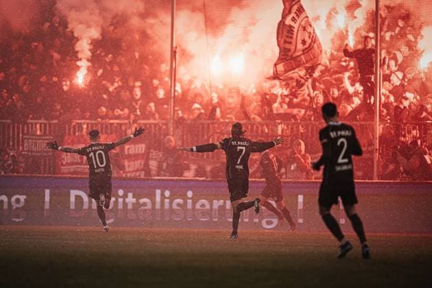 Soccer Men Season 2023 2024 2 Soccer Bundesliga 15 Matchday FC St Pauli vs Hamburger SV 01 12 2023 v l Goal celebration of Marcel Hartel 10, FC St Pauli and Jackson Irvine 7, FC St Pauli Hamburg Millerntor Stadion Hamburg Germany